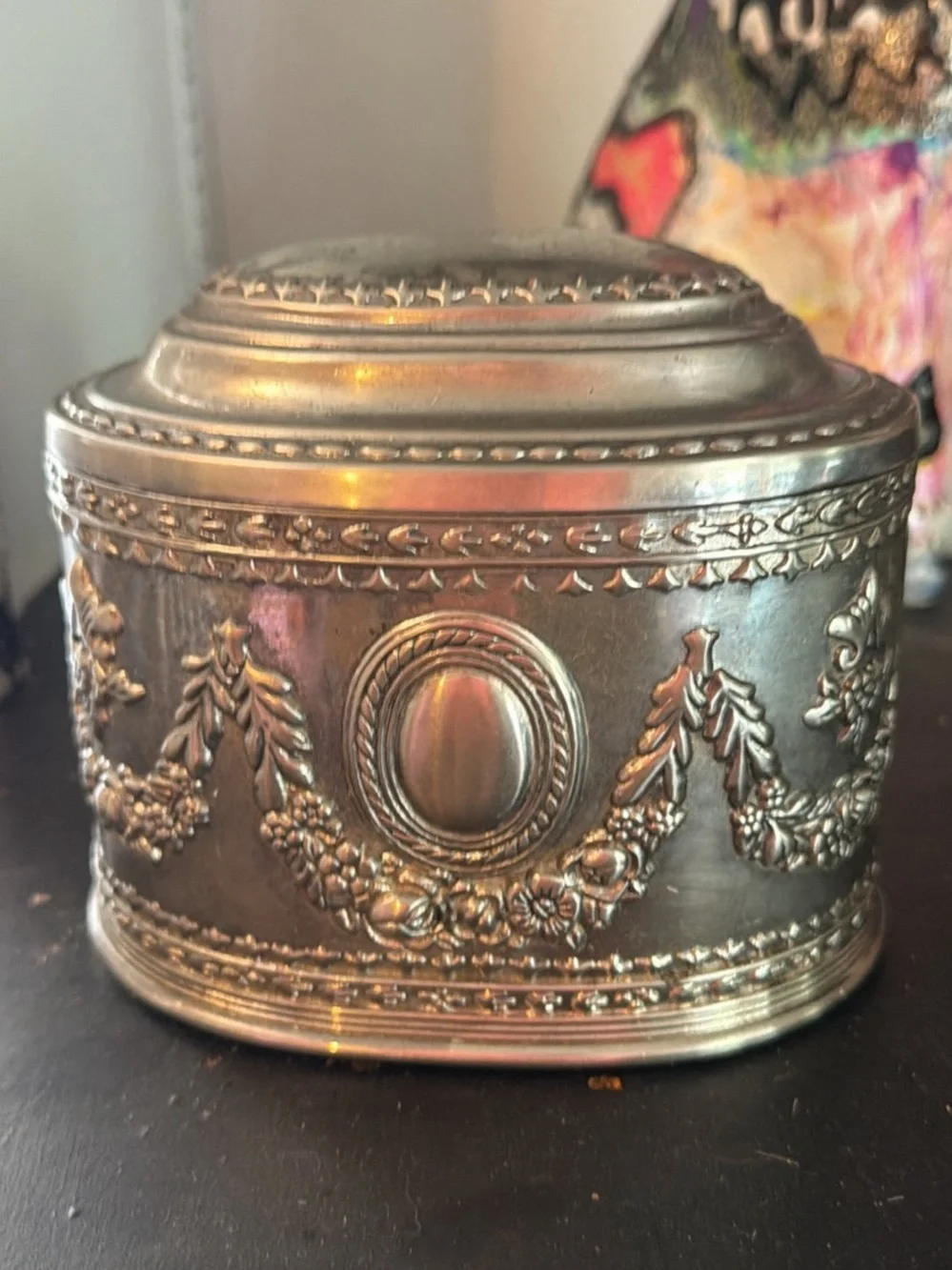 Ornate Silver-Tone Decorative Trinket Box